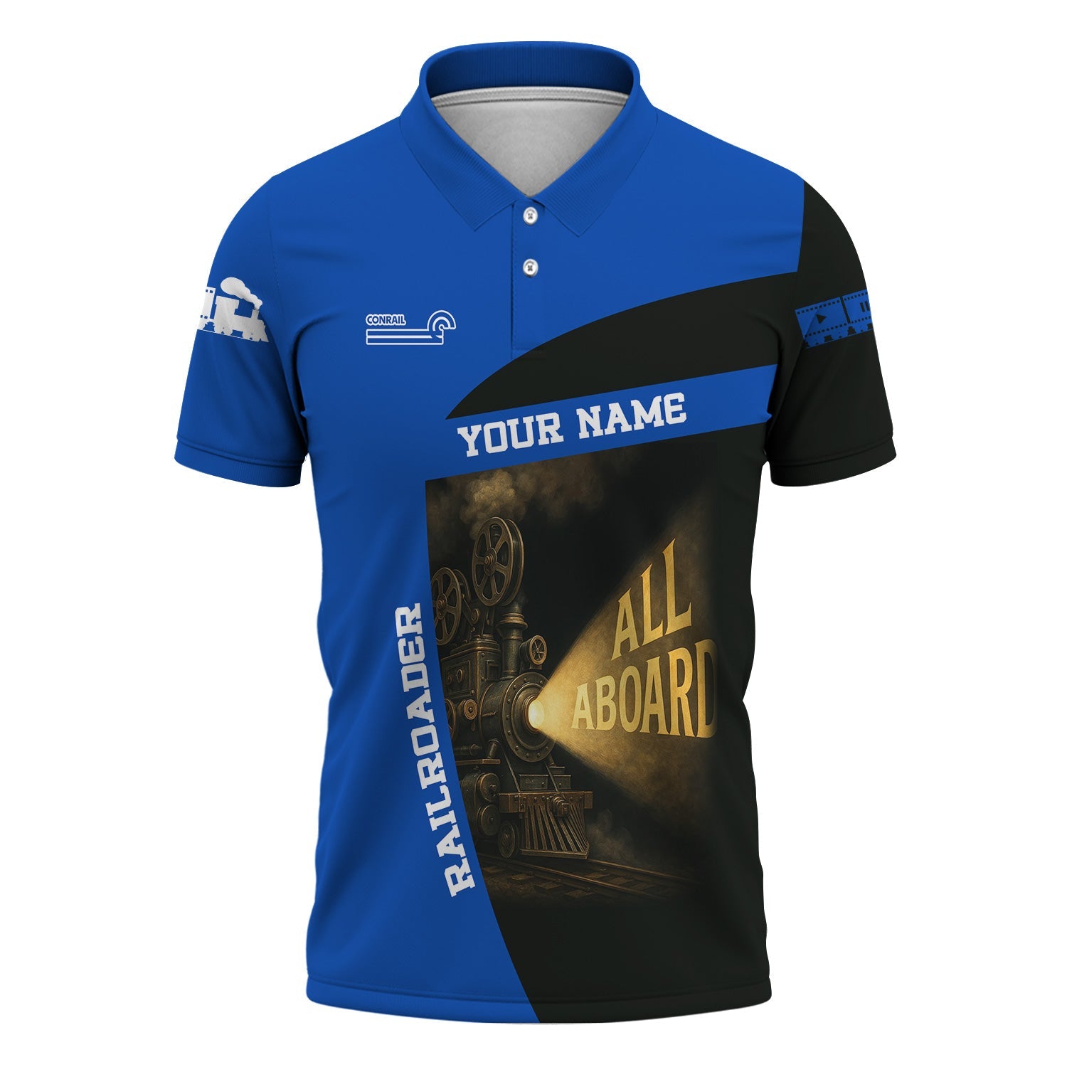 Railspirit Personalized Conrail Railroad Polo Shirt All Aboard Steam Train Movie Projector Style Shirt