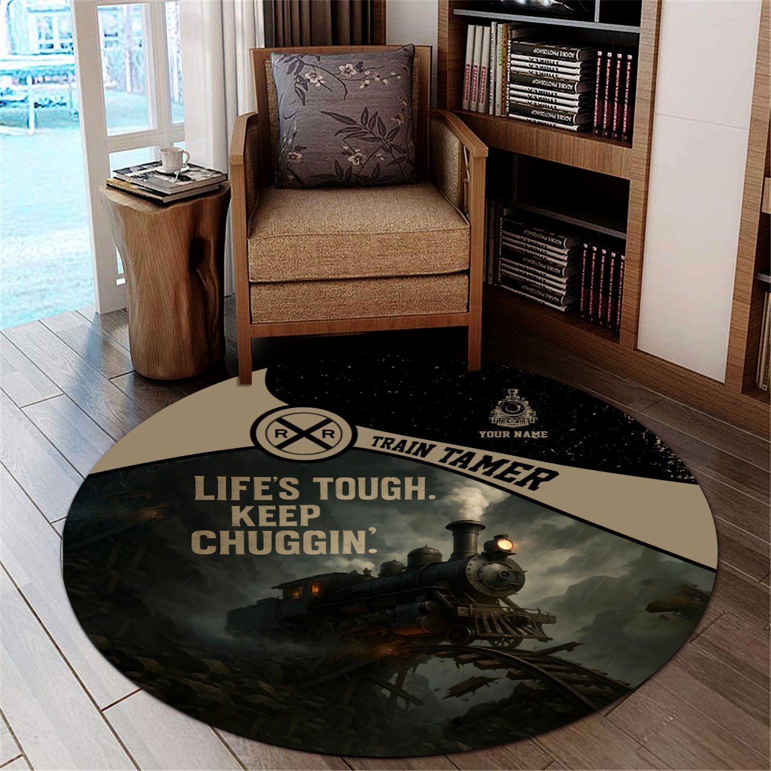 Railspirit Personalized Round Mat Life's Tough Keep Chuggin' Vintage Train Mat for Train Tamer