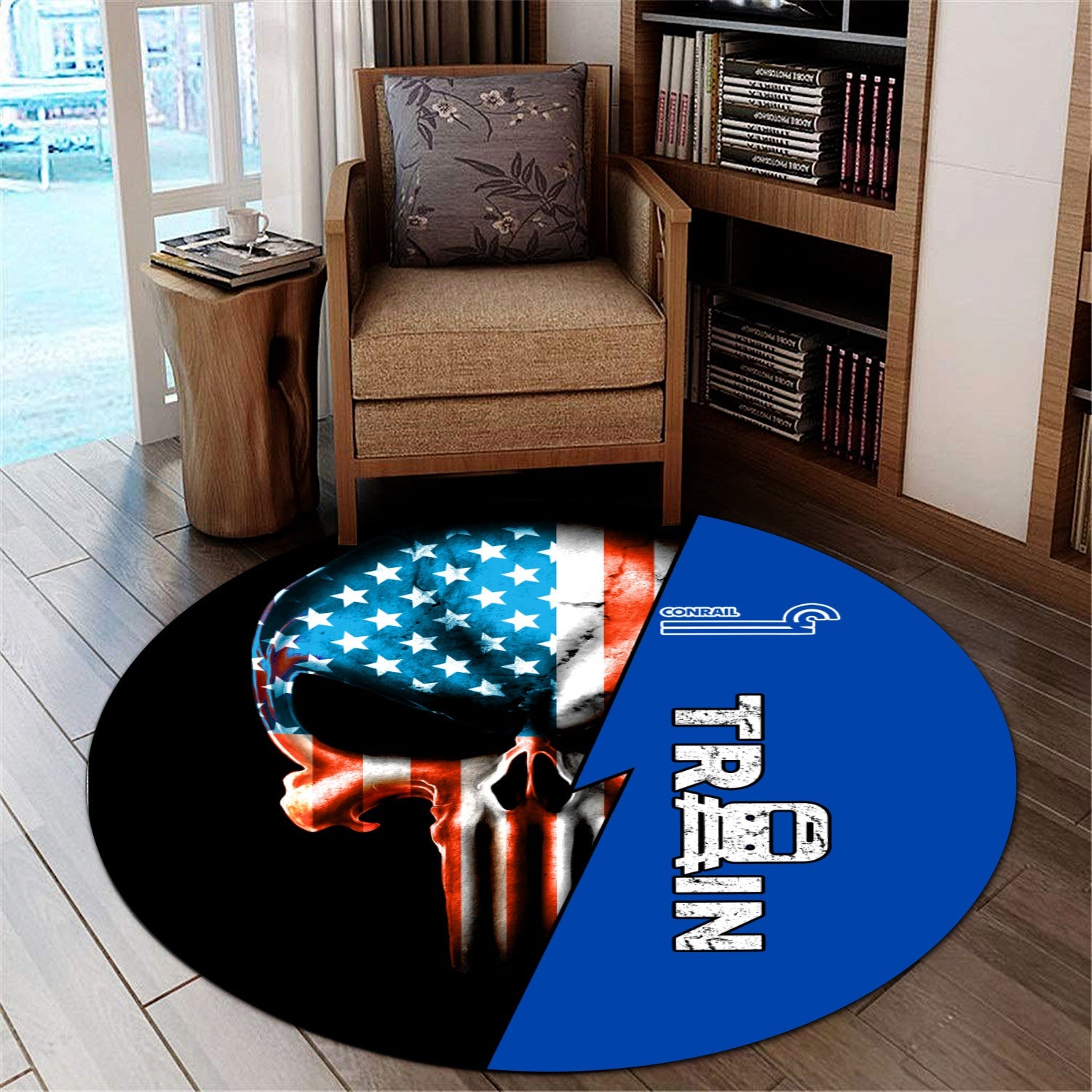 Railspirit Conrail Railroad Round Mat Train Skull American Flag Style Rug All Over Print