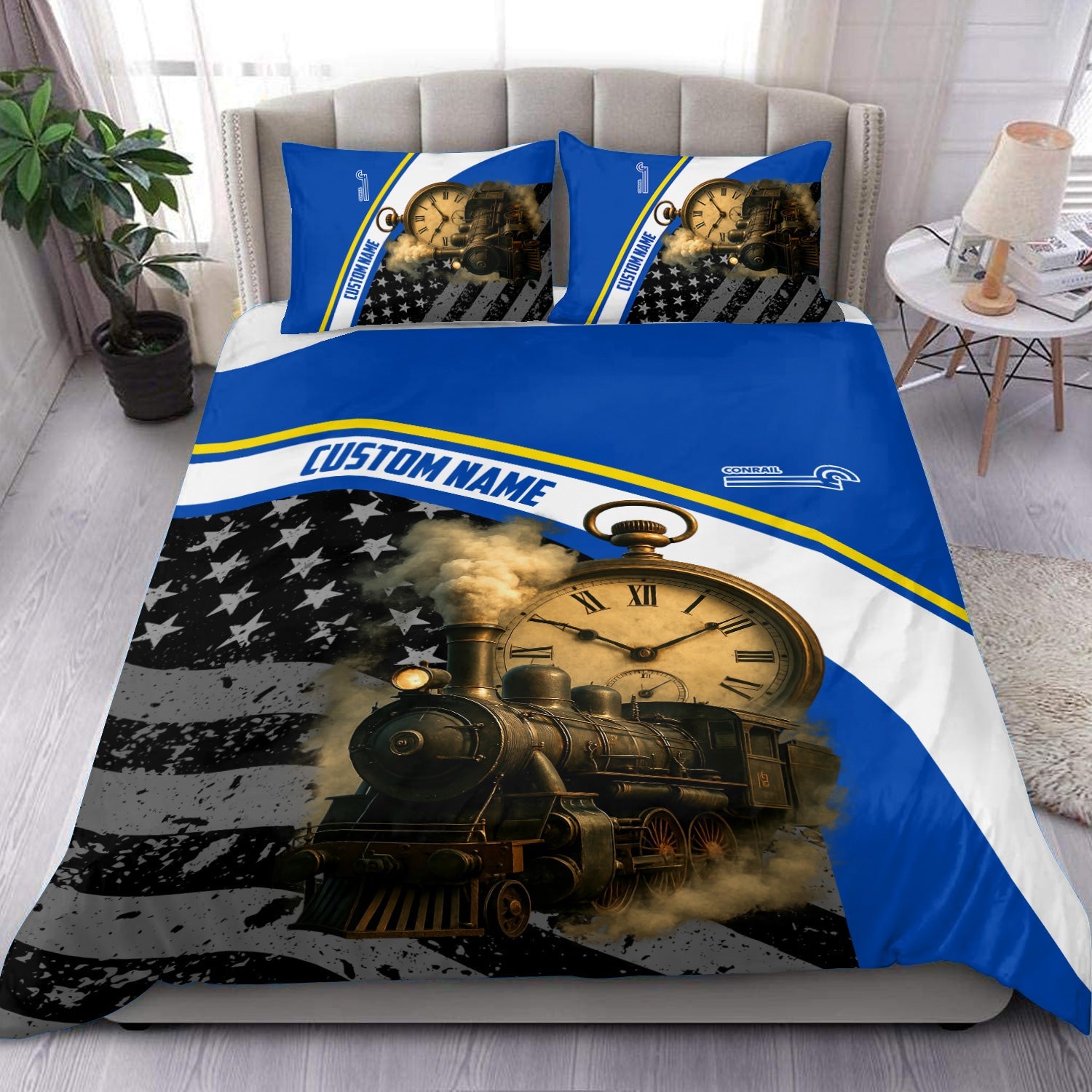 Railspirit Personalized Conrail Railroad Bedding Set Classic Steam Engine With Retro Pocket Watch Bedding Set All Over Print