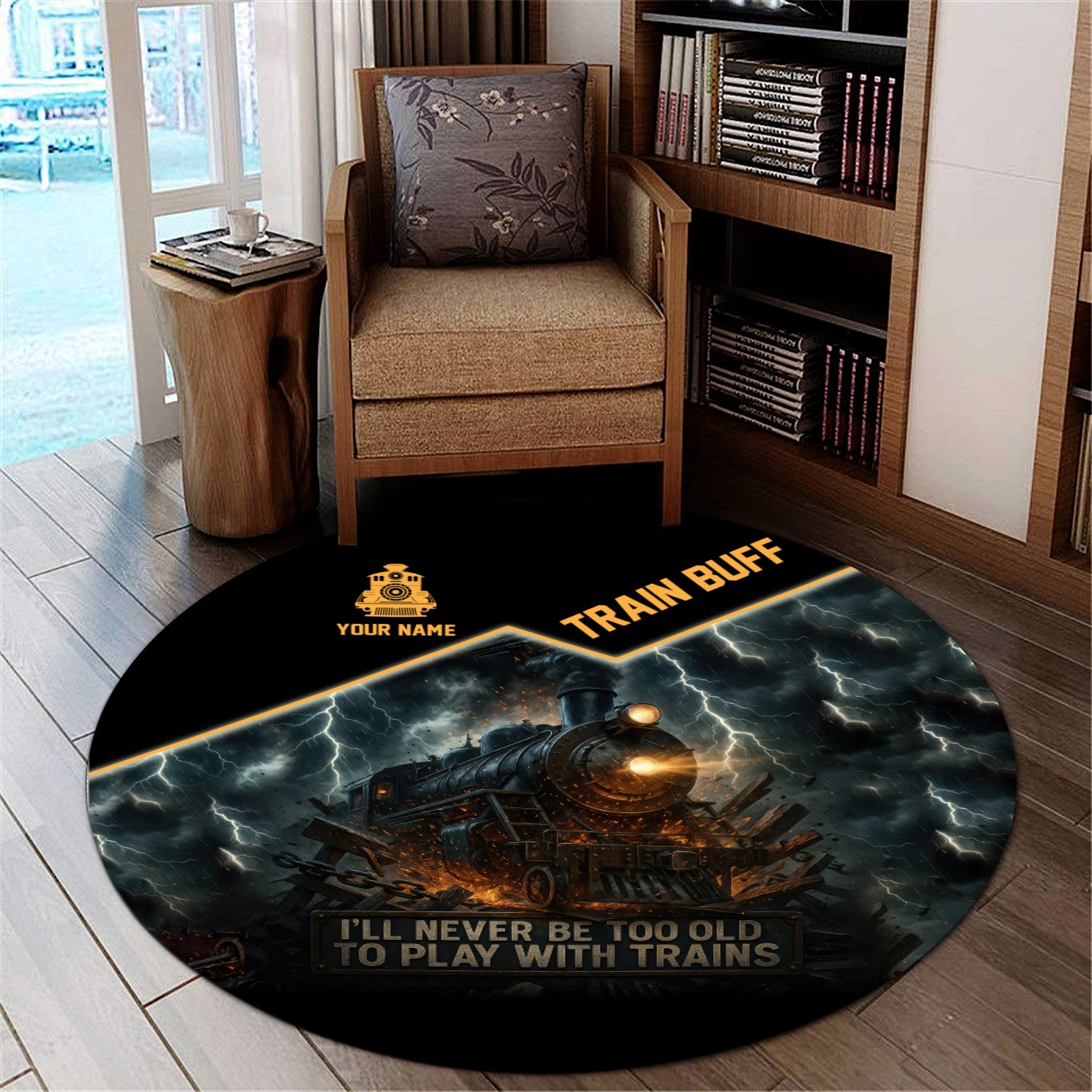 Railspirit Personalized Train Buff Round Mat I'll Never Too Old To Play With Trains Mat For Train Lovers