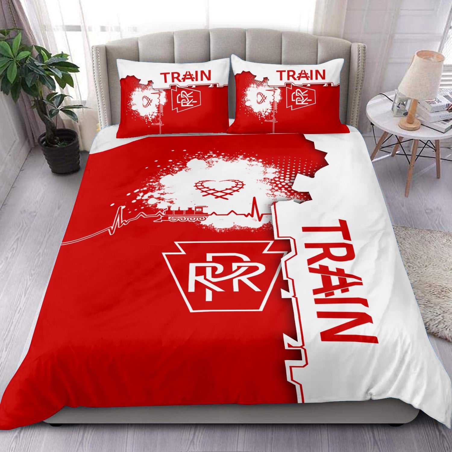 Railspirit Pennsylvania Railroad Bedding Set Engine Heartbeat and Track Love Style Bedding Set Gift Idea For Train Lovers