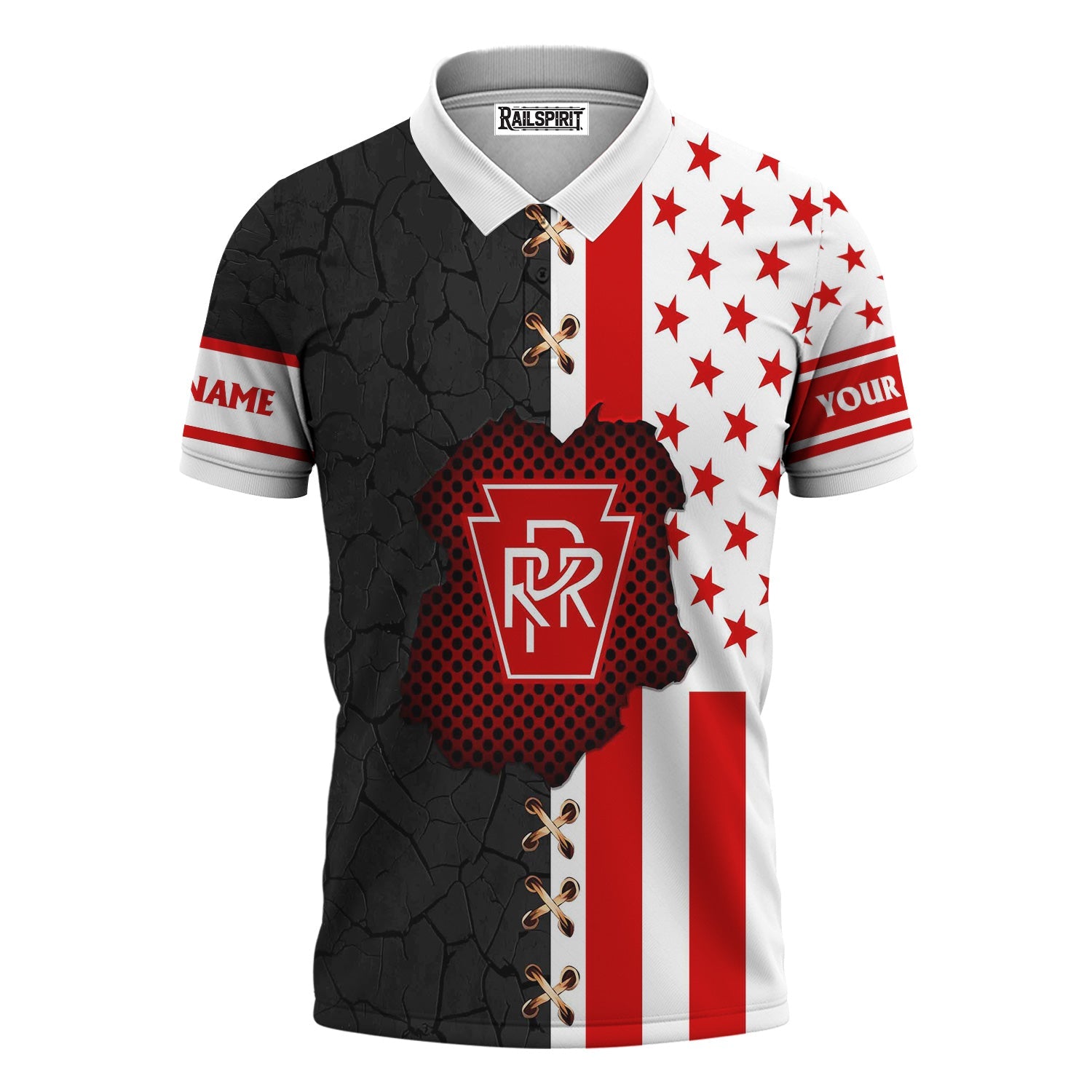 Railspirit Personalized Pennsylvania Railroad Polo Shirt American Flag with Crack Effect Train Shirt