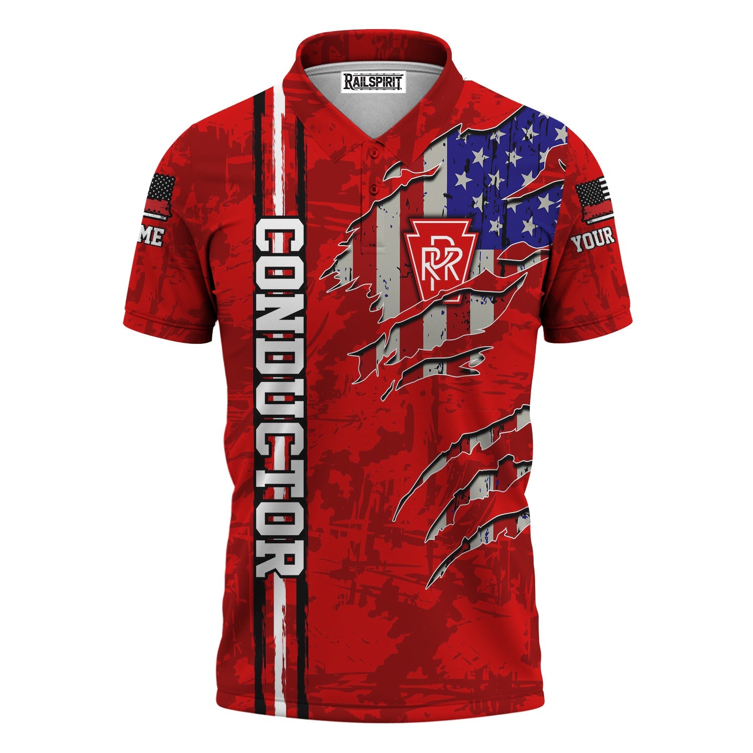 Railspirit Personalized Pennsylvania Railroad Polo Shirt USA Flag Claw Art with Custom Job Train Shirt