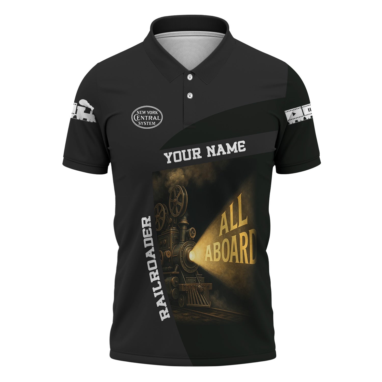Railspirit Personalized New York Central Railroad Polo Shirt All Aboard Steam Train Movie Projector Style Shirt