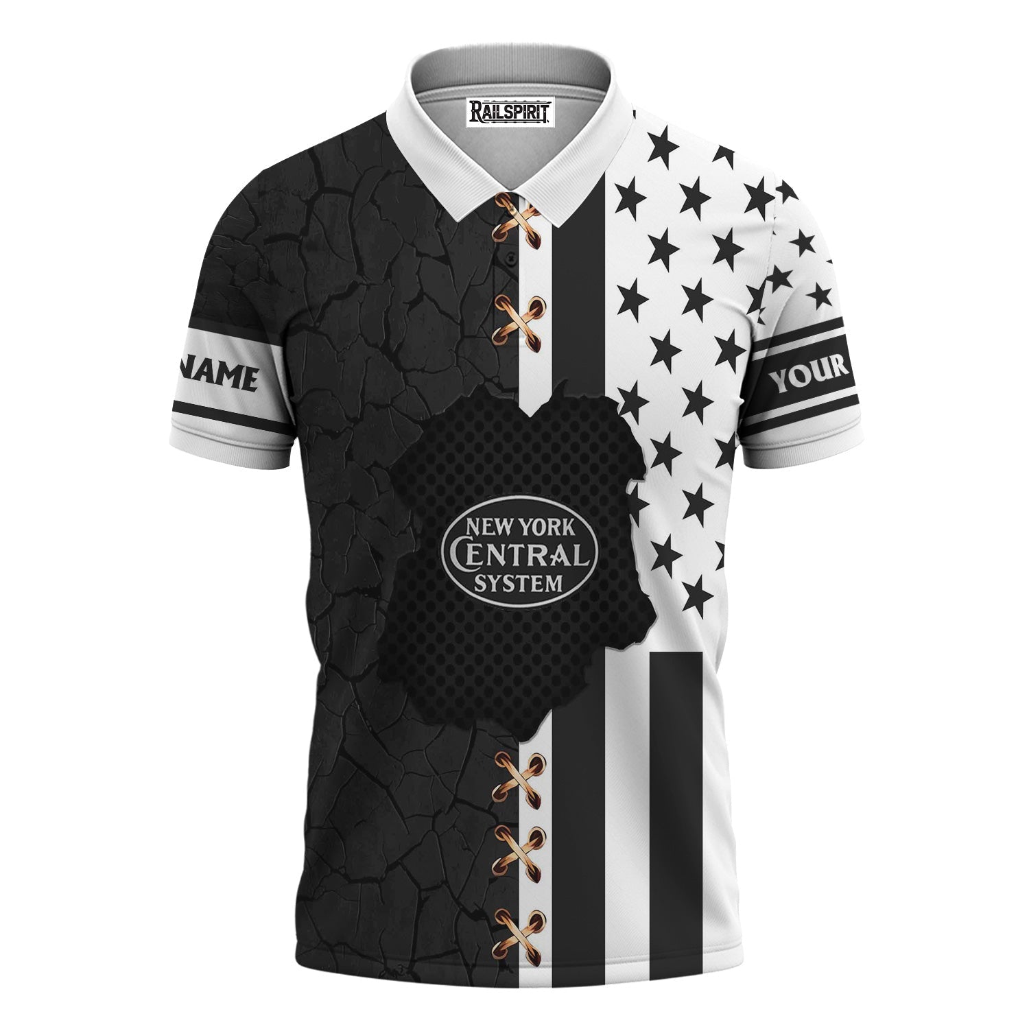 Railspirit Personalized New York Central Railroad Polo Shirt American Flag with Crack Effect Train Shirt