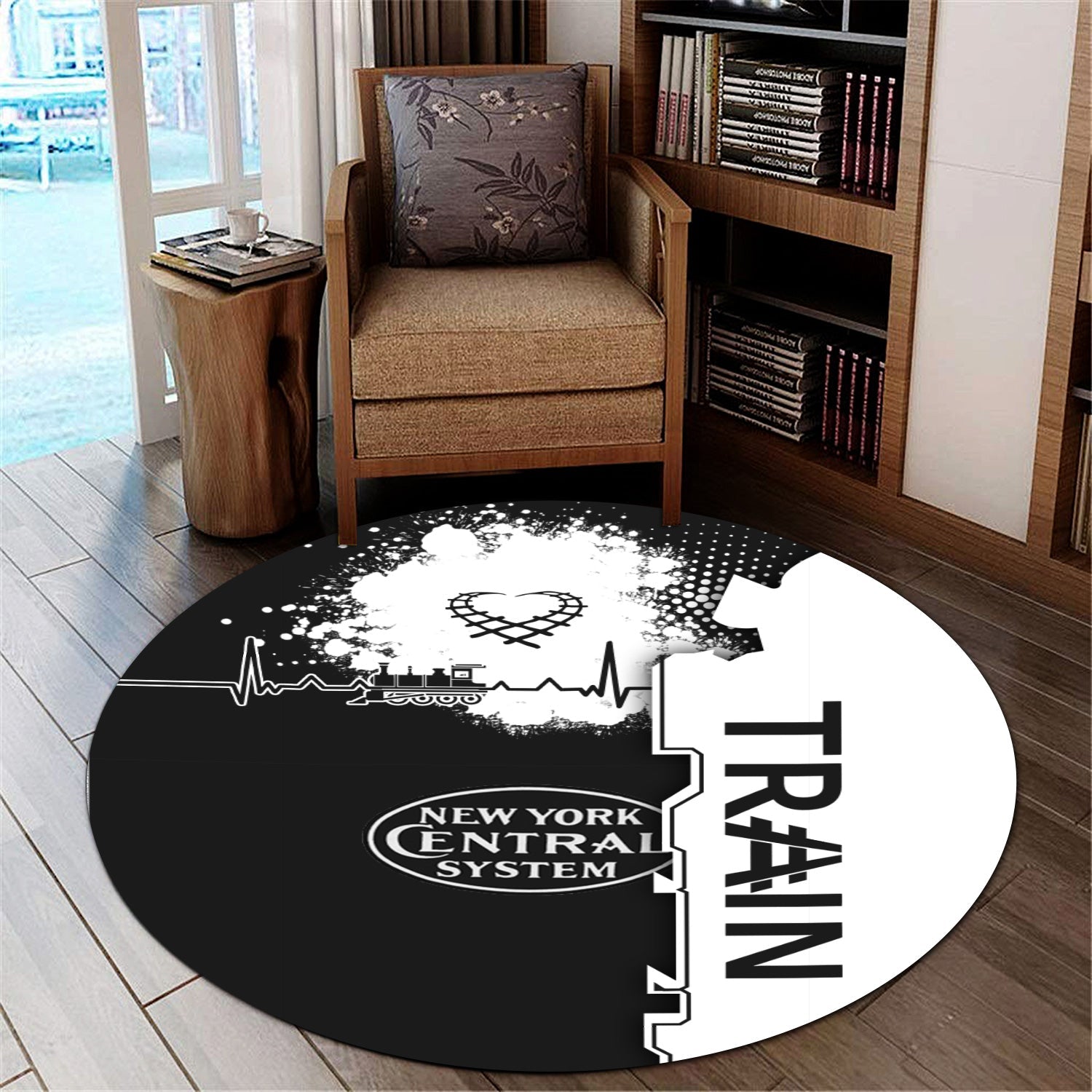 Railspirit New York Central Railroad Round Mat Engine Heartbeat and Track Love Style Mat Gift Idea For Train Lovers