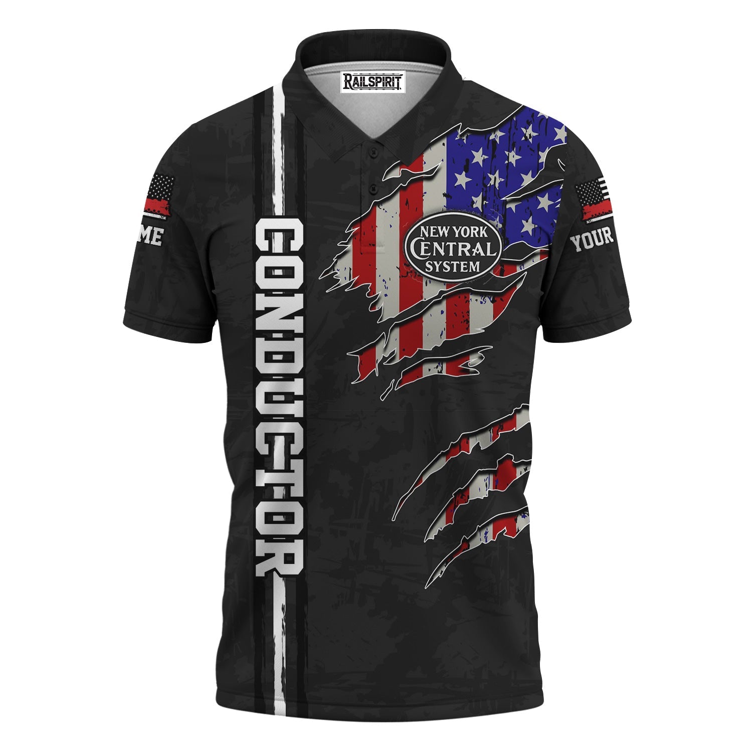 Railspirit Personalized New York Central Railroad Polo Shirt USA Flag Claw Art with Custom Job Train Shirt