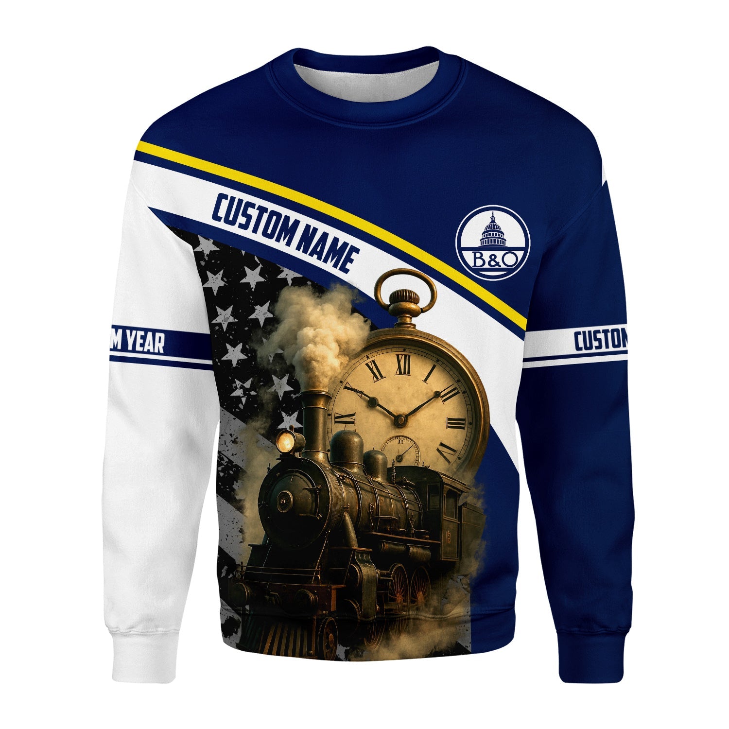 Railspirit Personalized Baltimore and Ohio Railroad Sweatshirt Classic Steam Engine With Retro Pocket Watch B&O Shirt All Over Print