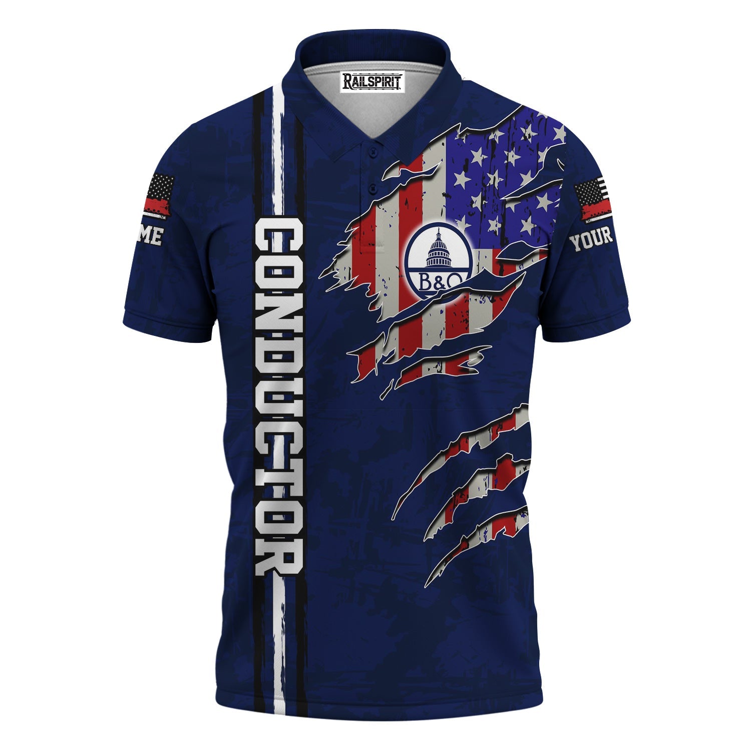 Railspirit Personalized Baltimore and Ohio Railroad Polo Shirt USA Flag Claw Art with Custom Job B&O Train Shirt