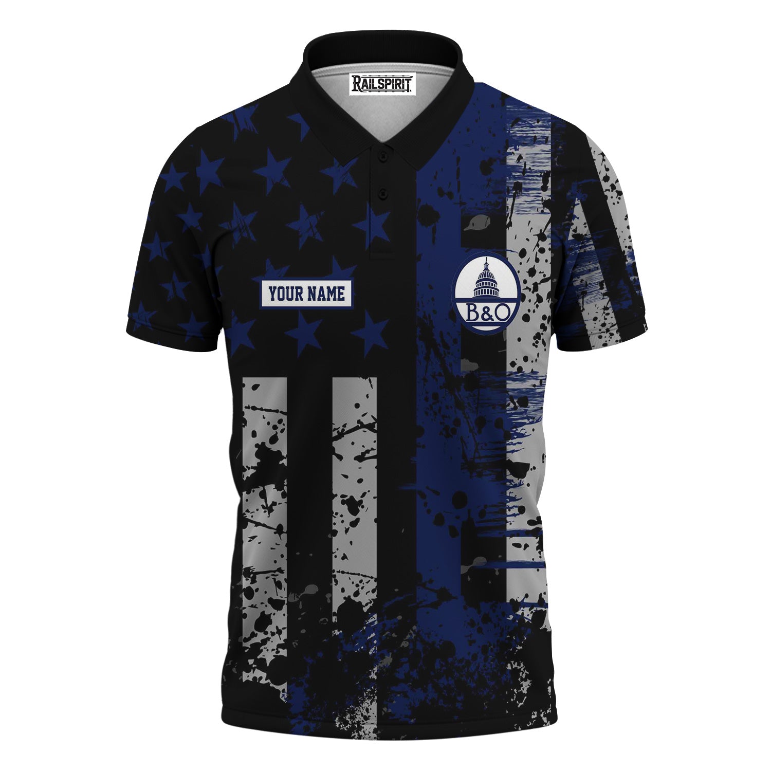 Railspirit Personalized Baltimore and Ohio Railroad Polo Shirt Artistic Paint American Flag Style B&O Train Shirt