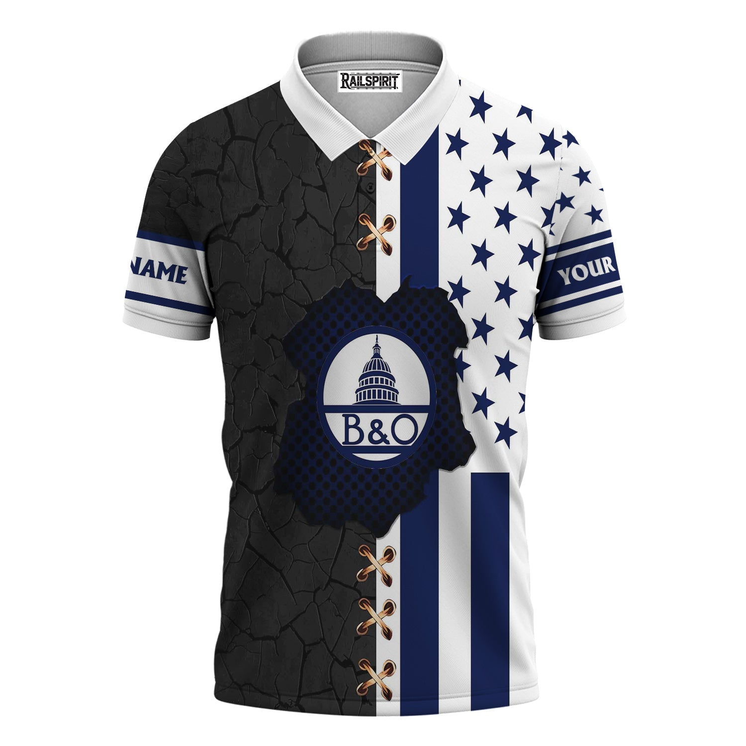 Railspirit Personalized Baltimore and Ohio Railroad Polo Shirt American Flag with Crack Effect B&O Train Shirt