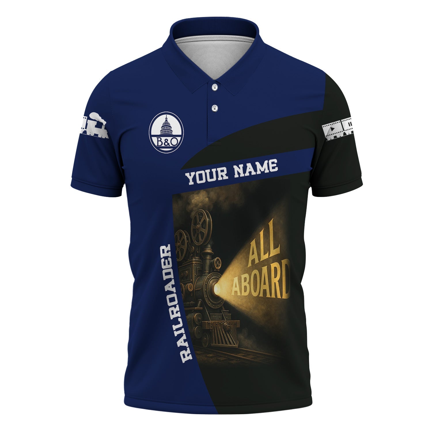 Railspirit Personalized Baltimore and Ohio Railroad Polo Shirt All Aboard Steam Train Movie Projector Style B&O Shirt