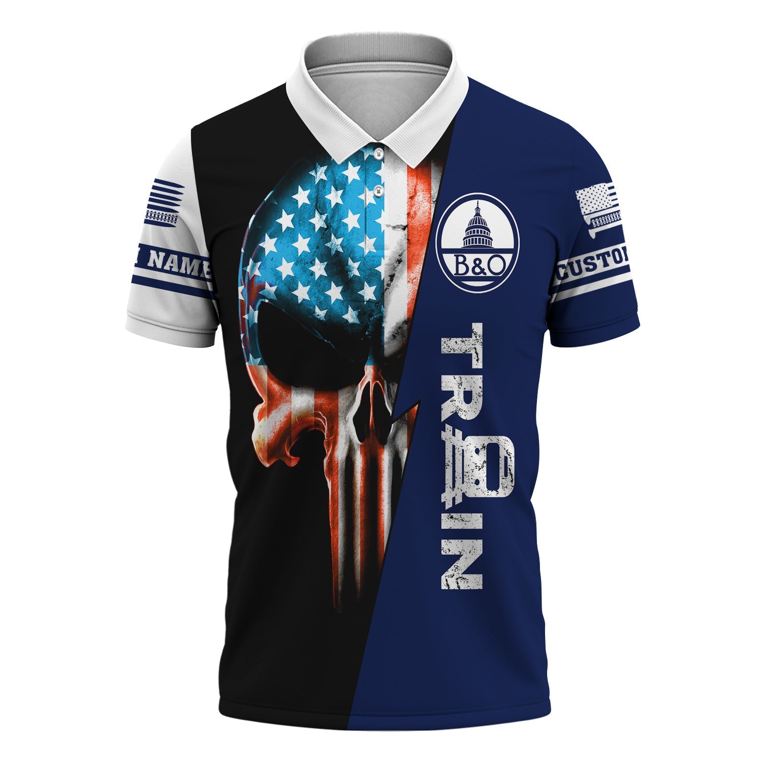 Railspirit Personalized Baltimore and Ohio Railroad Polo Shirt Train Skull American Flag B&O Shirt All Over Print