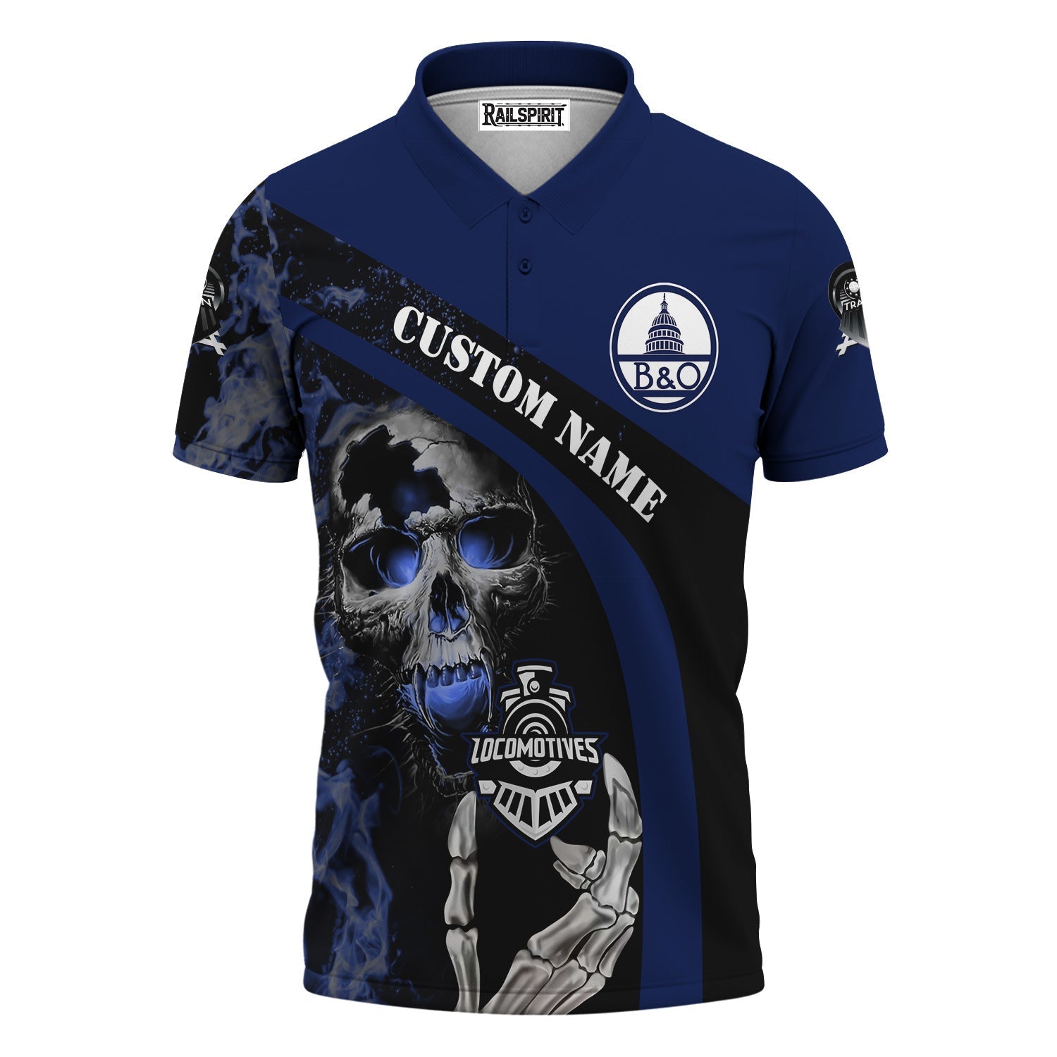 Railspirit Personalized Baltimore and Ohio Railroad Polo Shirt Flame Skull Design B&O Train Shirt for Locomotive Fans