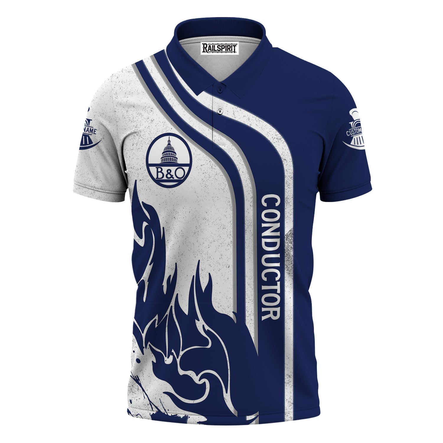 Railspirit Personalized Baltimore and Ohio Railroad Polo Shirt Flame Design with Custom Job Position B&O Train Shirt