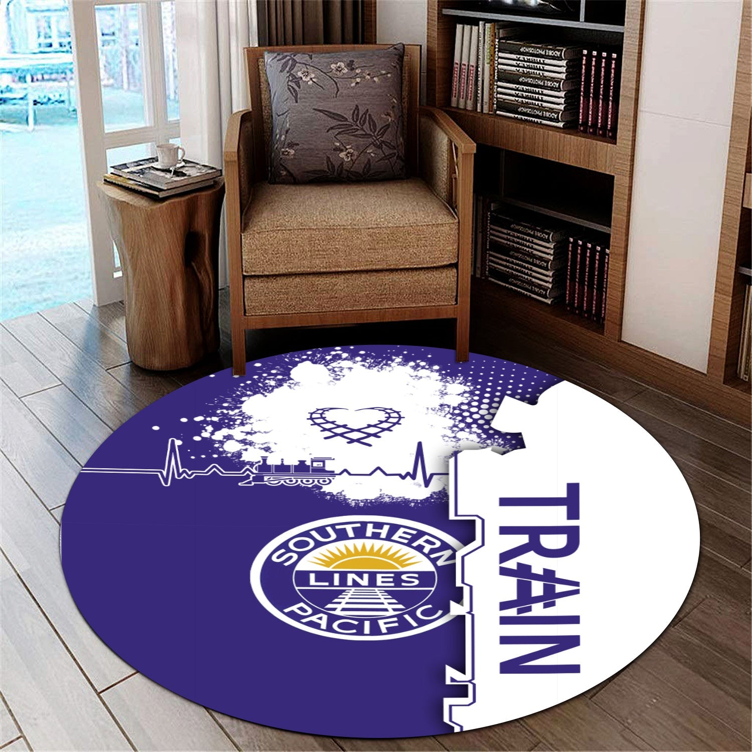 Railspirit Southern Pacific Railroad Round Mat Engine Heartbeat and Track Love Style Mat Gift Idea For Train Lovers