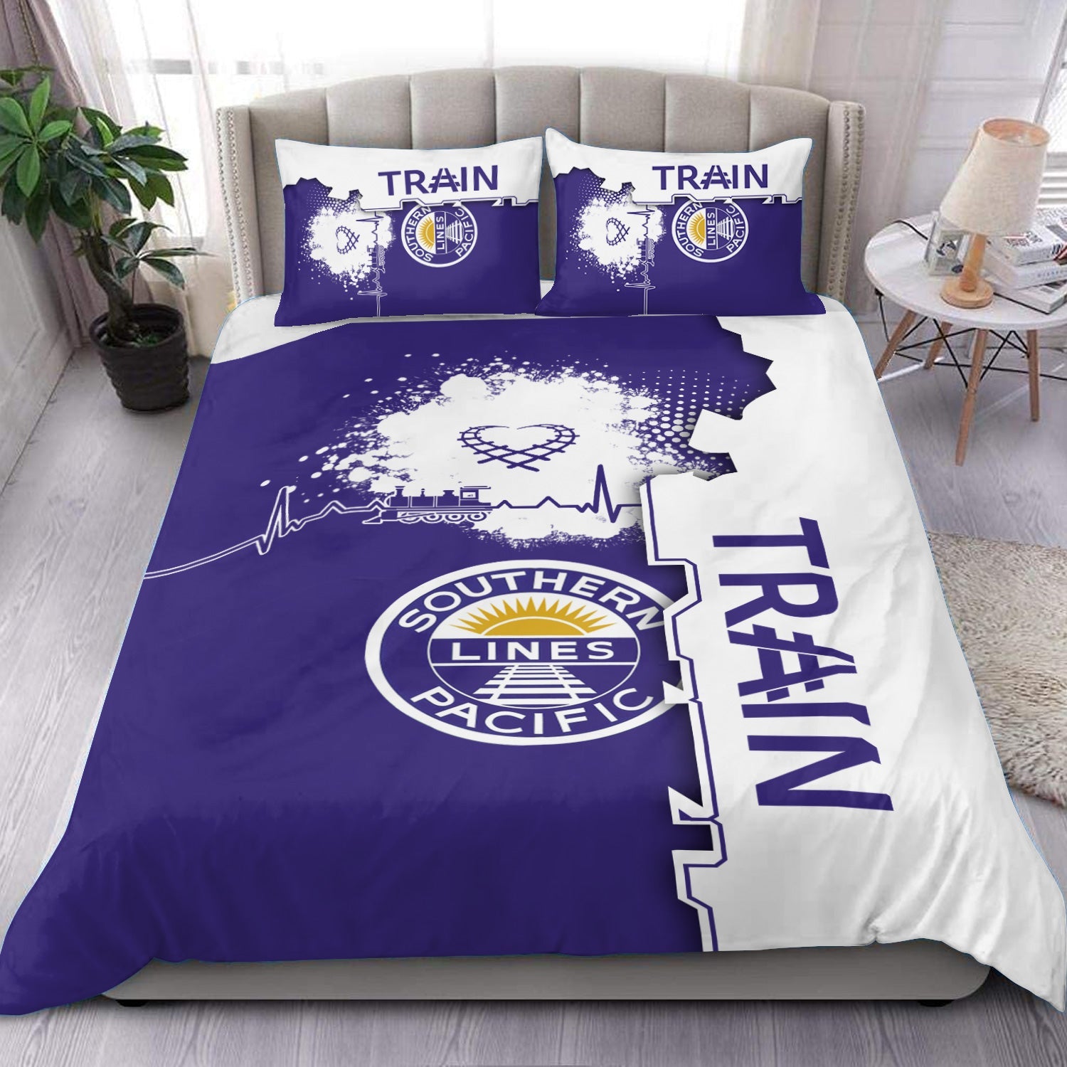 Railspirit Southern Pacific Railroad Bedding Set Engine Heartbeat and Track Love Style Bedding Set Gift Idea For Train Lovers
