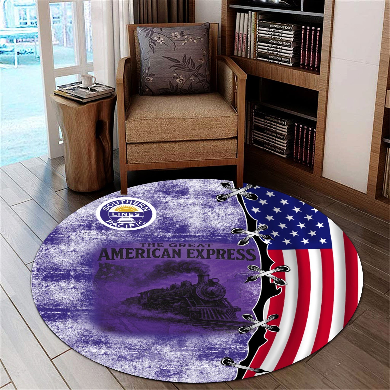 Railspirit Southern Pacific Railroad Round Mat Retro American Express Train With USA Flag Round Mat