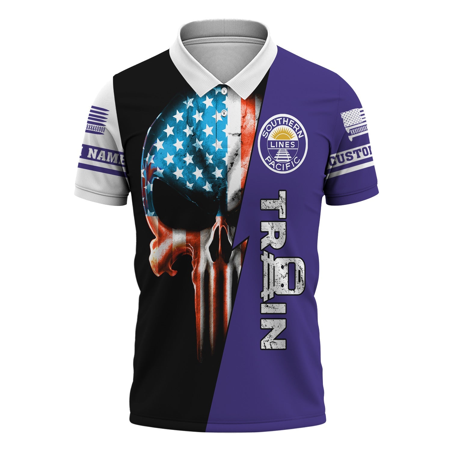 Railspirit Personalized Southern Pacific Railroad Polo Shirt Train Skull American Flag Shirt All Over Print