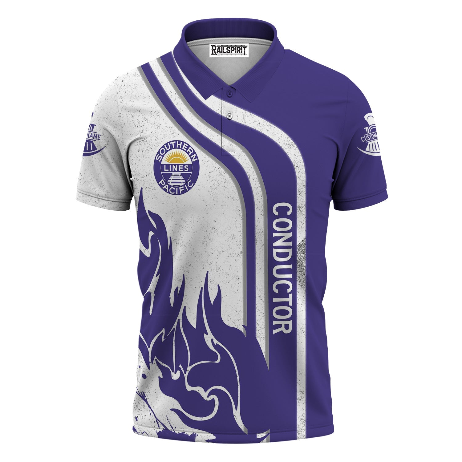 Railspirit Personalized Southern Pacific Railroad Polo Shirt Flame Design with Custom Job Position Train Shirt