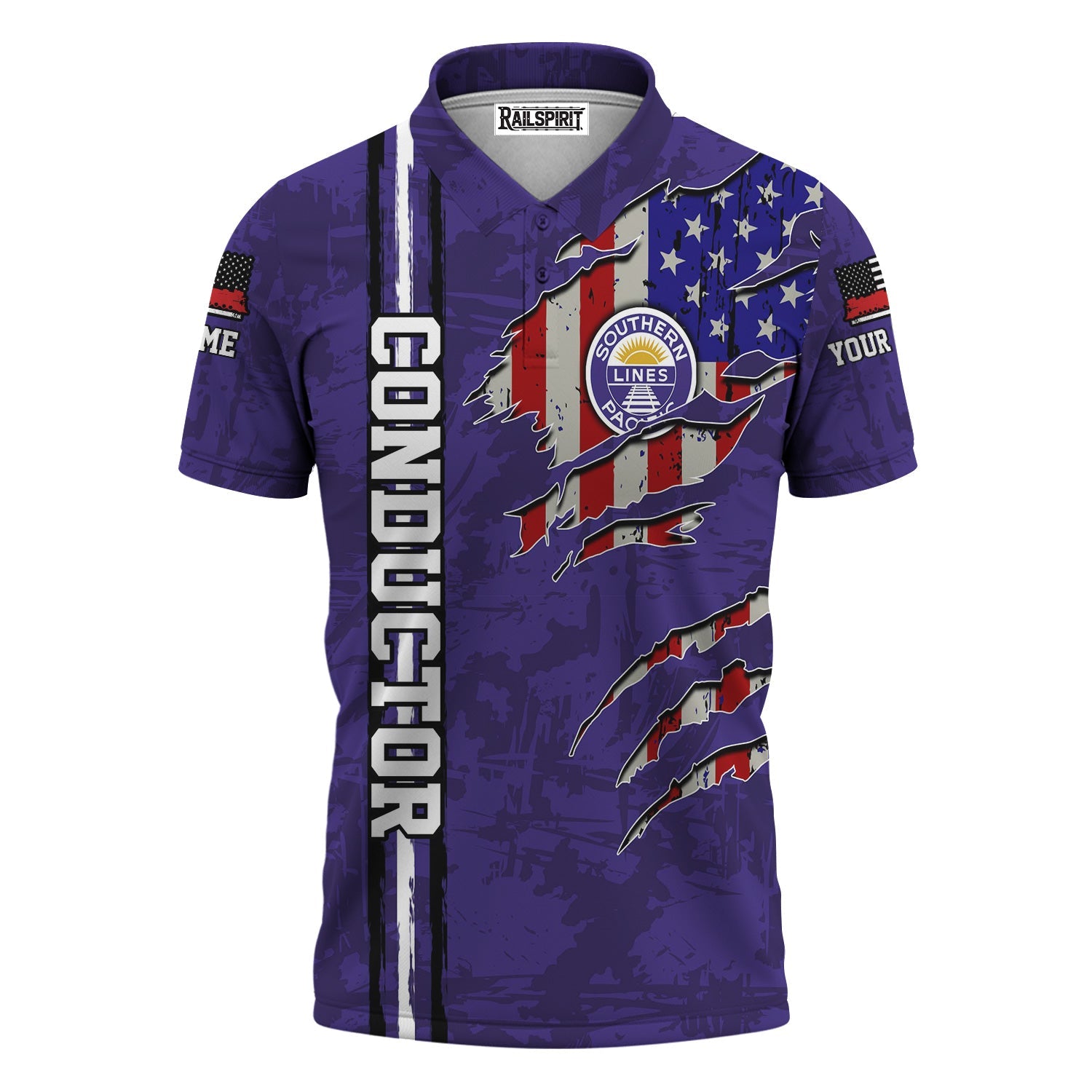 Railspirit Personalized Southern Pacific Railroad Polo Shirt USA Flag Claw Art with Custom Job Train Shirt