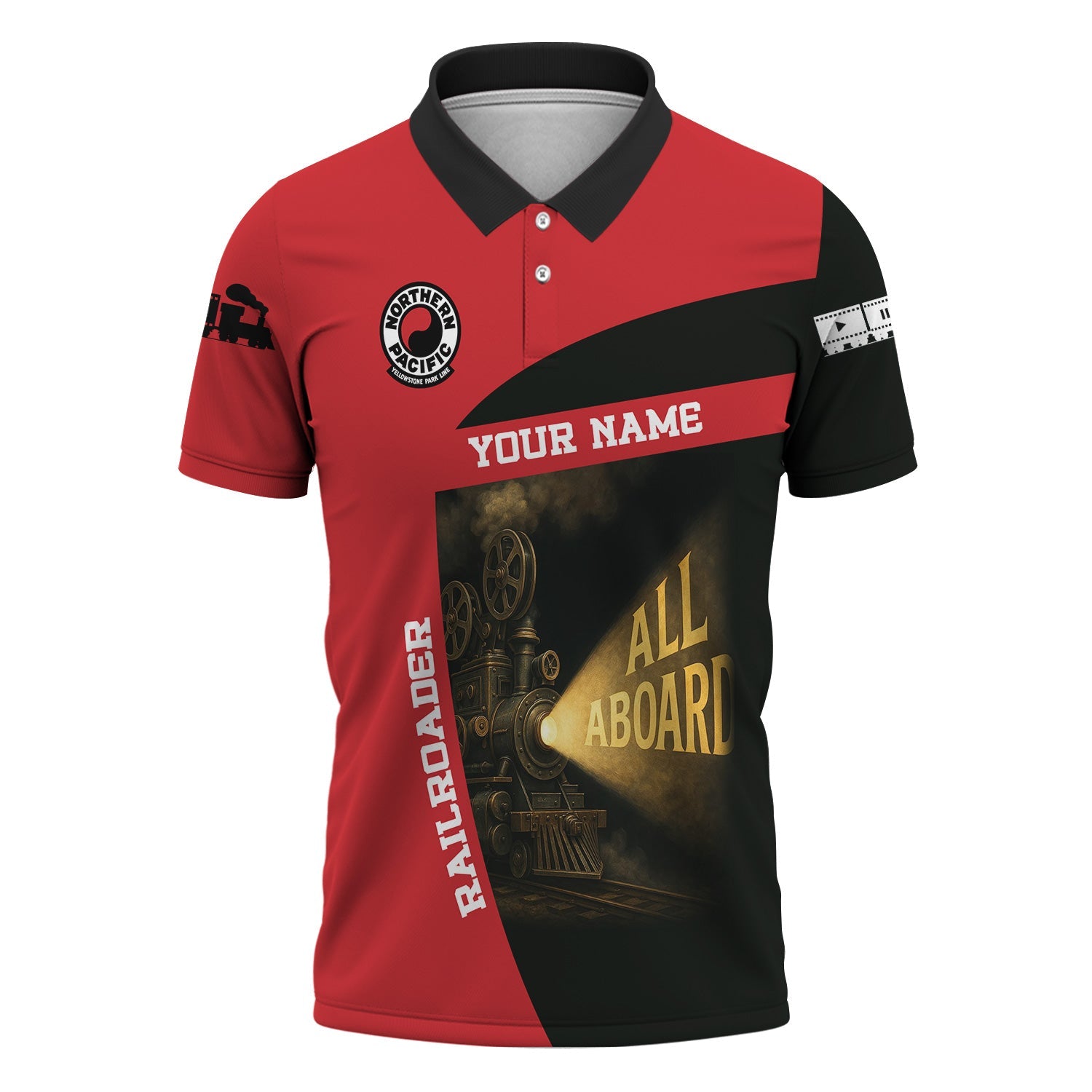 Railspirit Personalized Northern Pacific Railway Polo Shirt All Aboard Steam Train Movie Projector Style Shirt