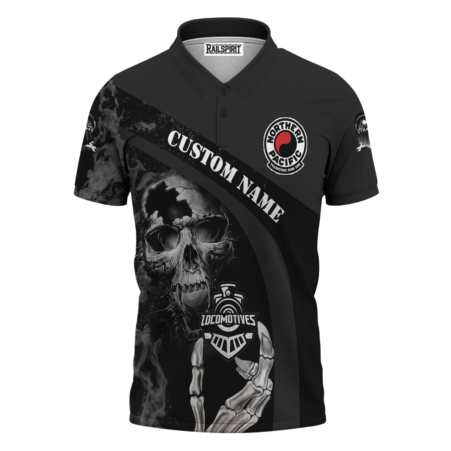 Railspirit Personalized Northern Pacific Railway Polo Shirt Flame Skull Design Train Shirt for Locomotive Fans