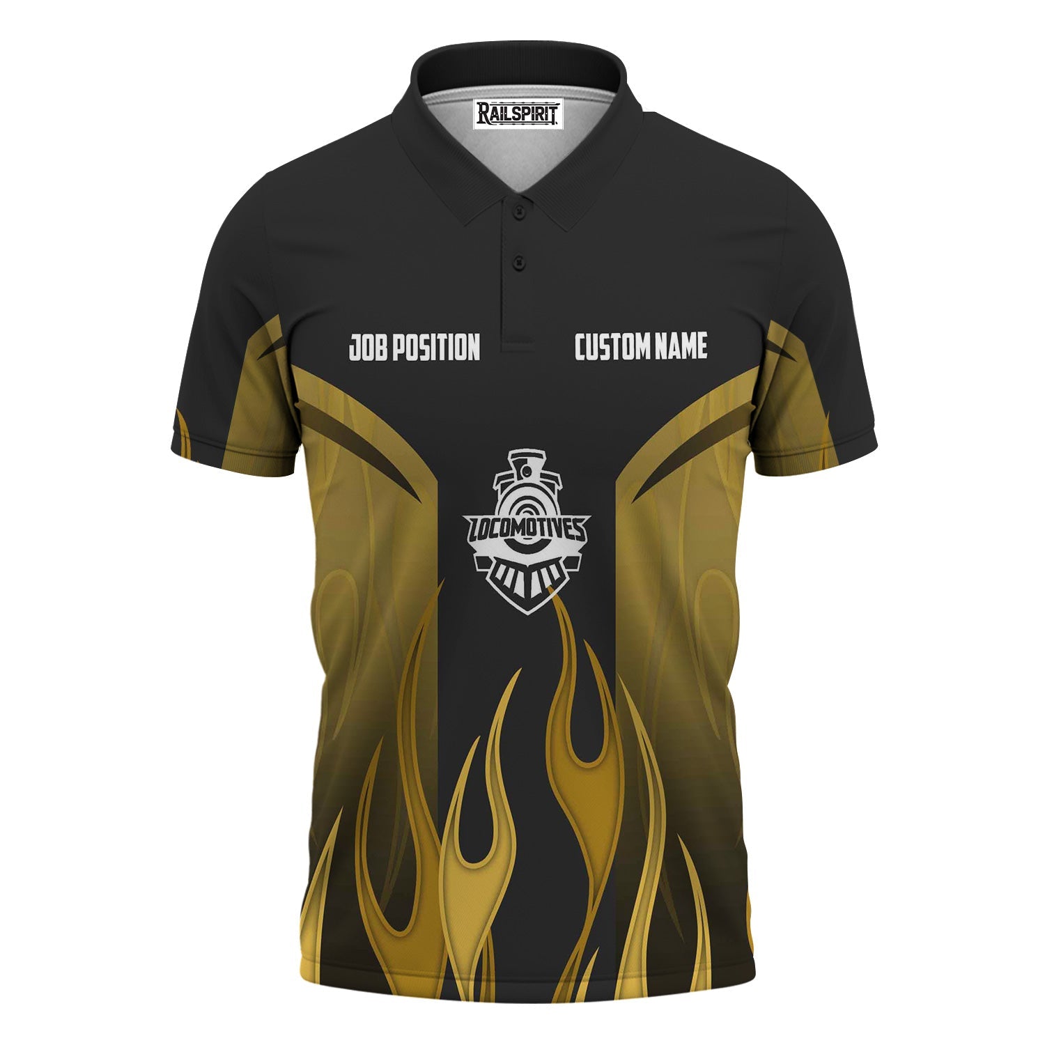 Railspirit Custom Name and Job Title Northern Pacific Railway Polo Shirt Flame Graphic Train Shirt