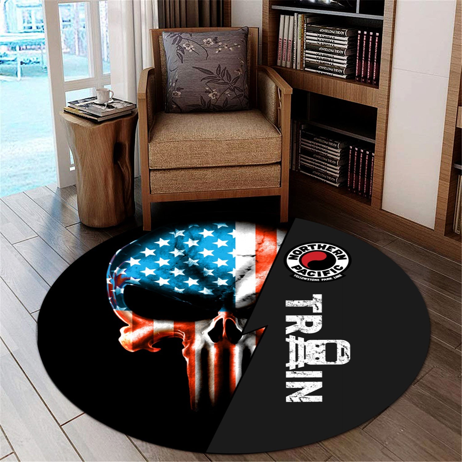 Railspirit Northern Pacific Railway Round Mat Train Skull American Flag Style Rug All Over Print