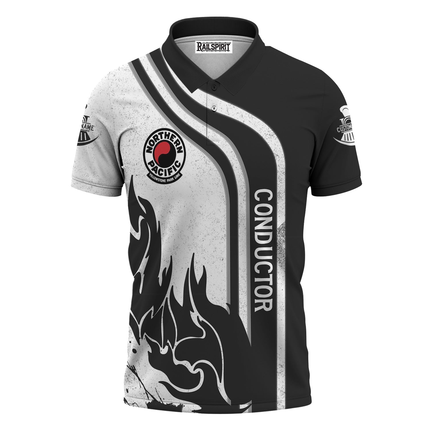 Railspirit Personalized Northern Pacific Railway Polo Shirt Flame Design with Custom Job Position Train Shirt