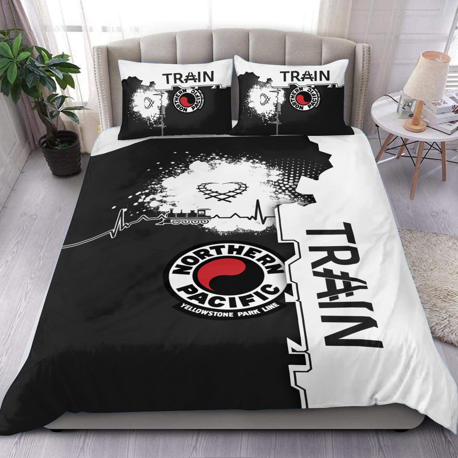 Railspirit Northern Pacific Railway Bedding Set Engine Heartbeat and Track Love Style Bedding Set Gift Idea For Train Lovers