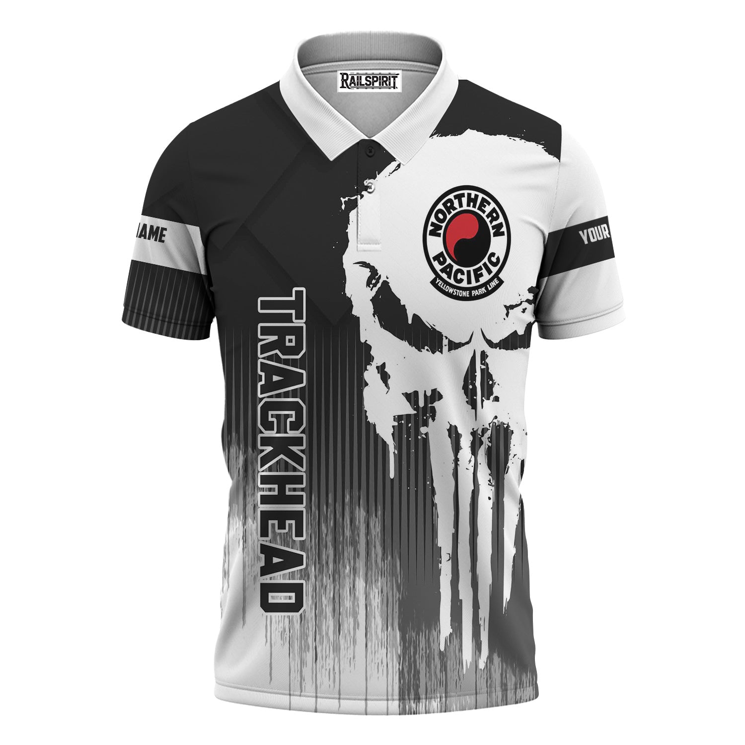 Railspirit Personalized Northern Pacific Railway Polo Shirt Skull Design with Custom Job Train Shirt for Trackhead Crew