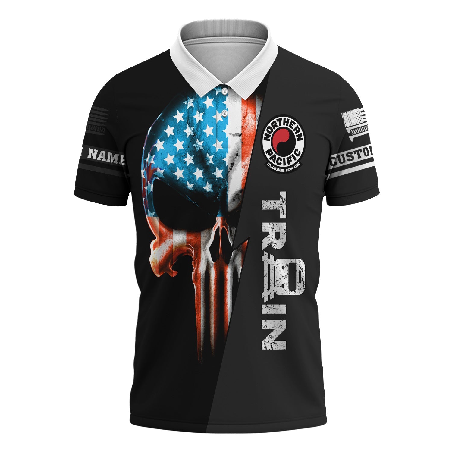 Railspirit Personalized Northern Pacific Railway Polo Shirt Train Skull American Flag Shirt All Over Print
