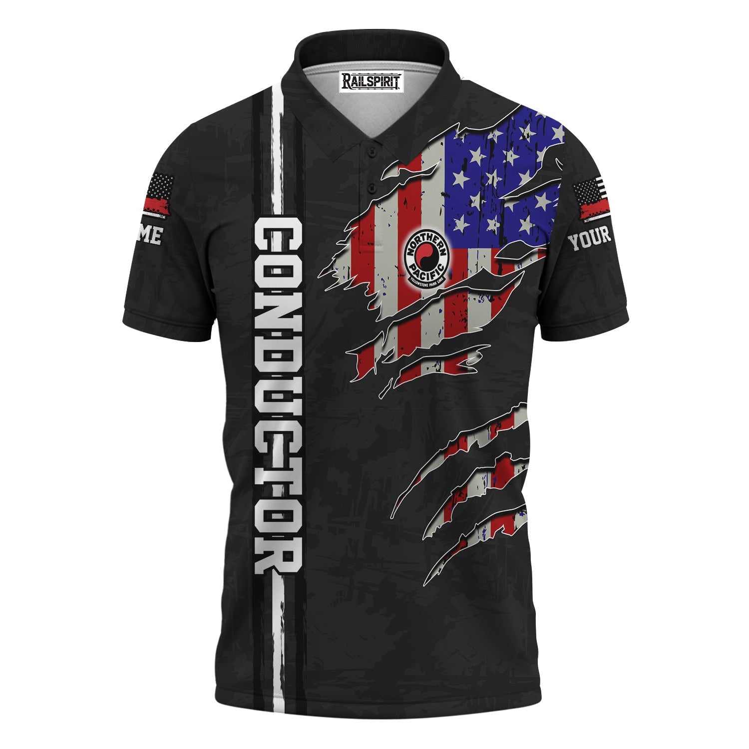 Railspirit Personalized Northern Pacific Railway Polo Shirt USA Flag Claw Art with Custom Job Train Shirt