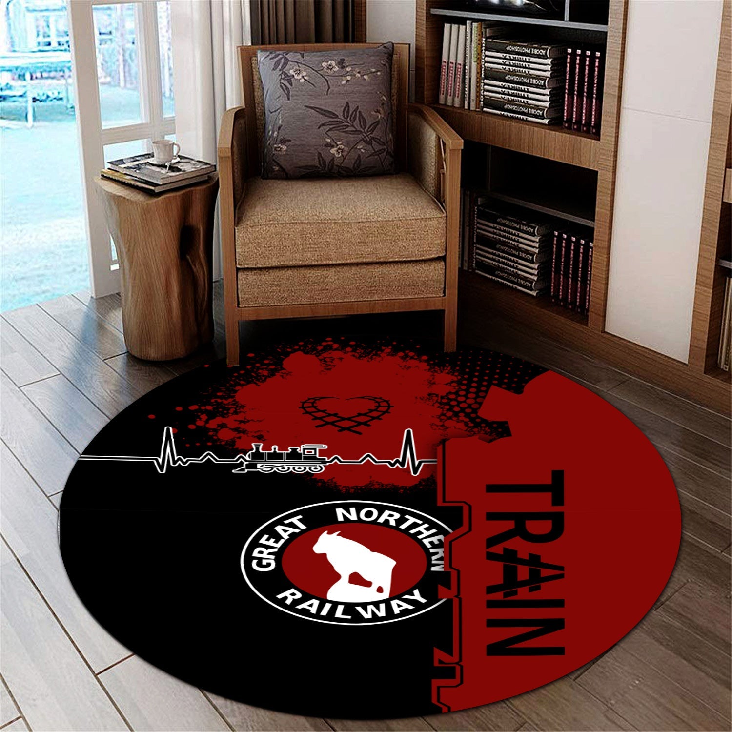 Railspirit Great Northern Railway Round Mat Engine Heartbeat and Track Love Style GNR Mat Gift Idea For Train Lovers