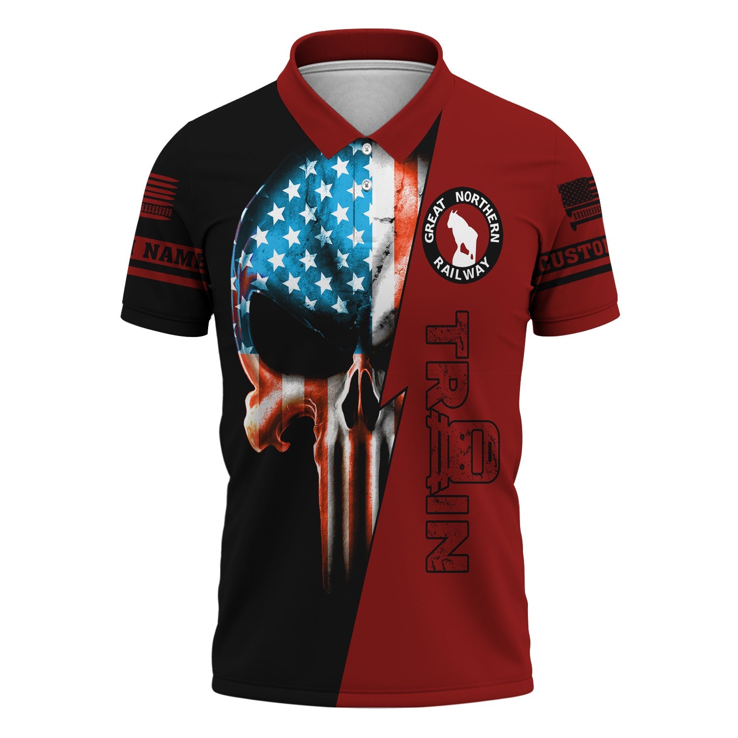 Railspirit Personalized Great Northern Railway Polo Shirt Train Skull American Flag GNR Shirt All Over Print