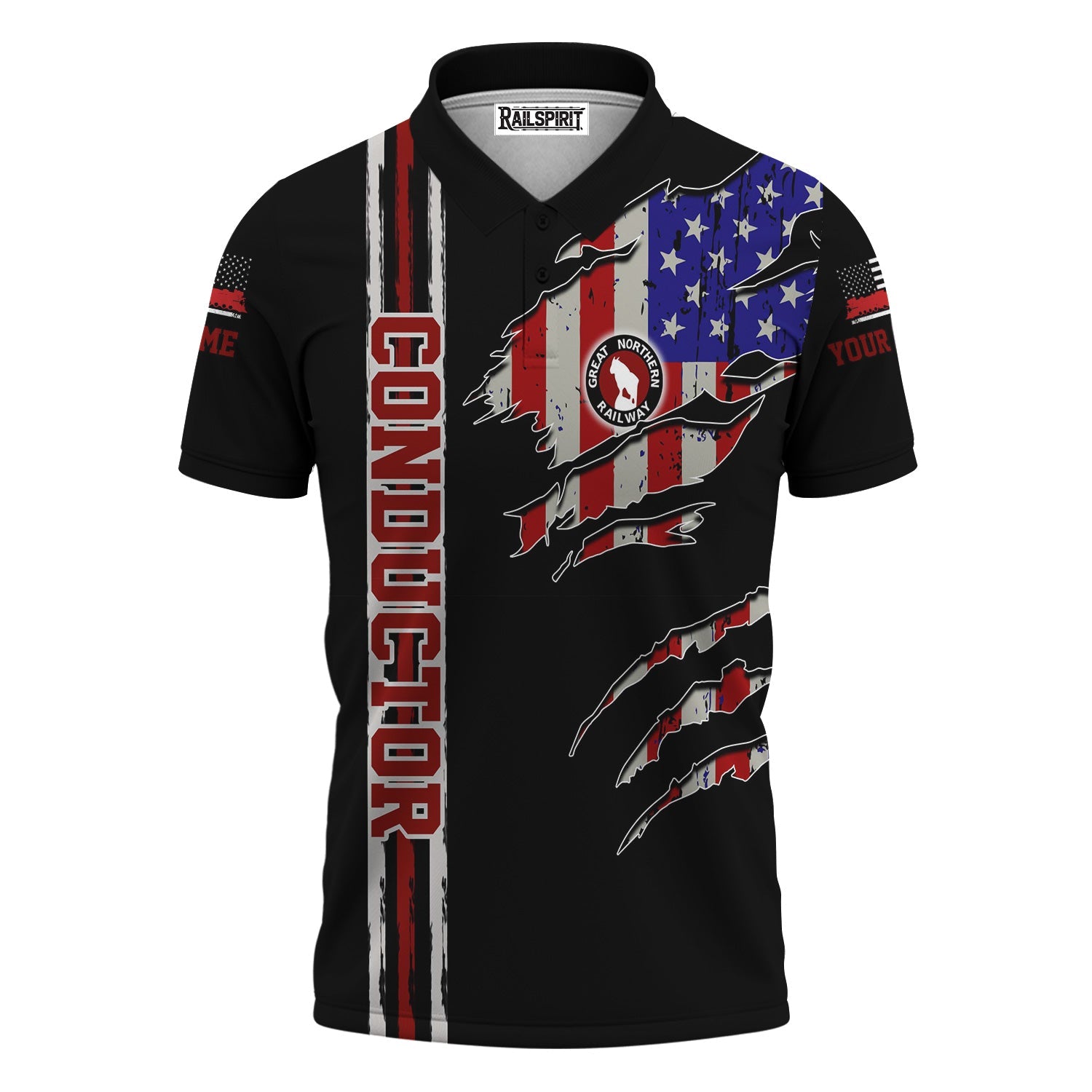 Railspirit Personalized Great Northern Railway Polo Shirt USA Flag Claw Art with Custom Job GNR Train Shirt