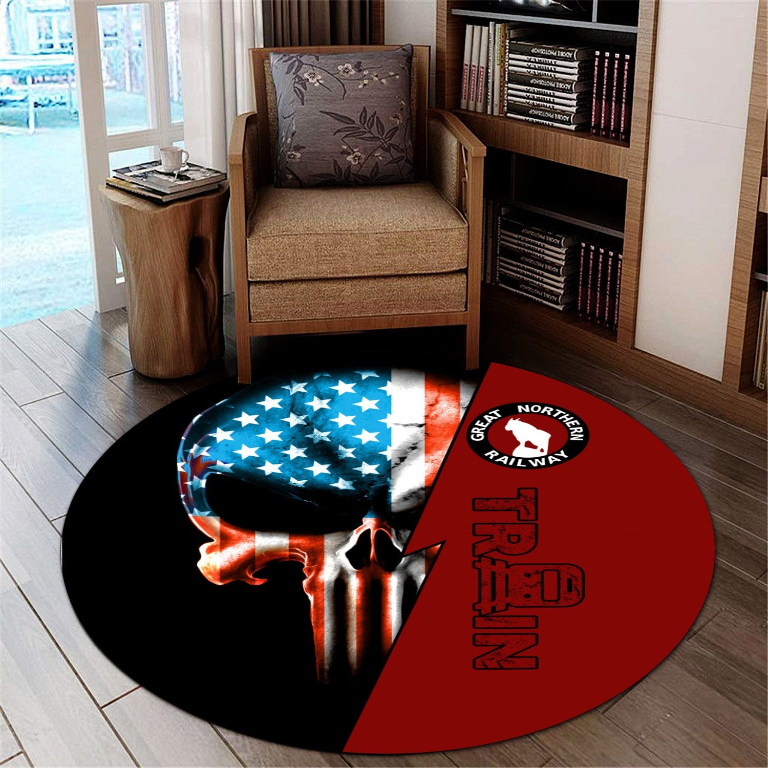 Railspirit Great Northern Railway Round Mat Train Skull American Flag Style GNR Mat All Over Print