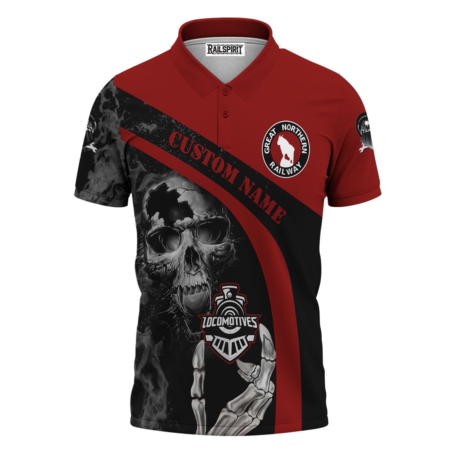 Railspirit Personalized Great Northern Railway Polo Shirt Flame Skull Design GNR Train Shirt for Locomotive Fans