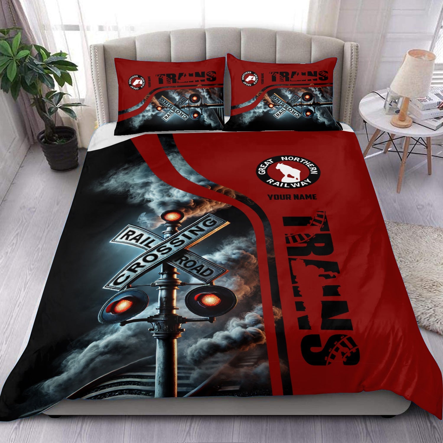 Railspirit Personalized Great Northern Railway Bedding Set Railroad Crossing Sign GNR Bedding Set All Over Print