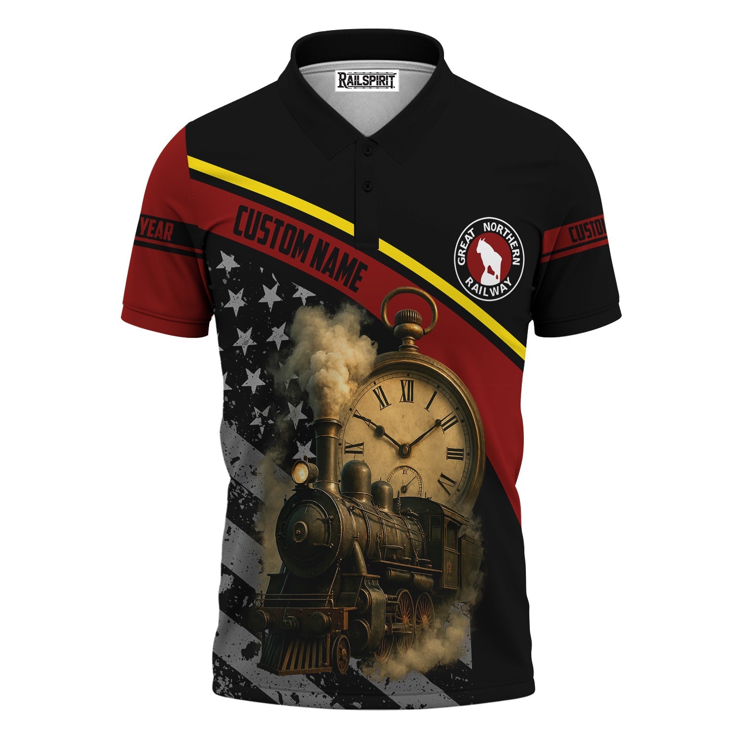 Railspirit Personalized Great Northern Railway Polo Shirt Classic Steam Engine With Retro Pocket Watch GNR Shirt All Over Print