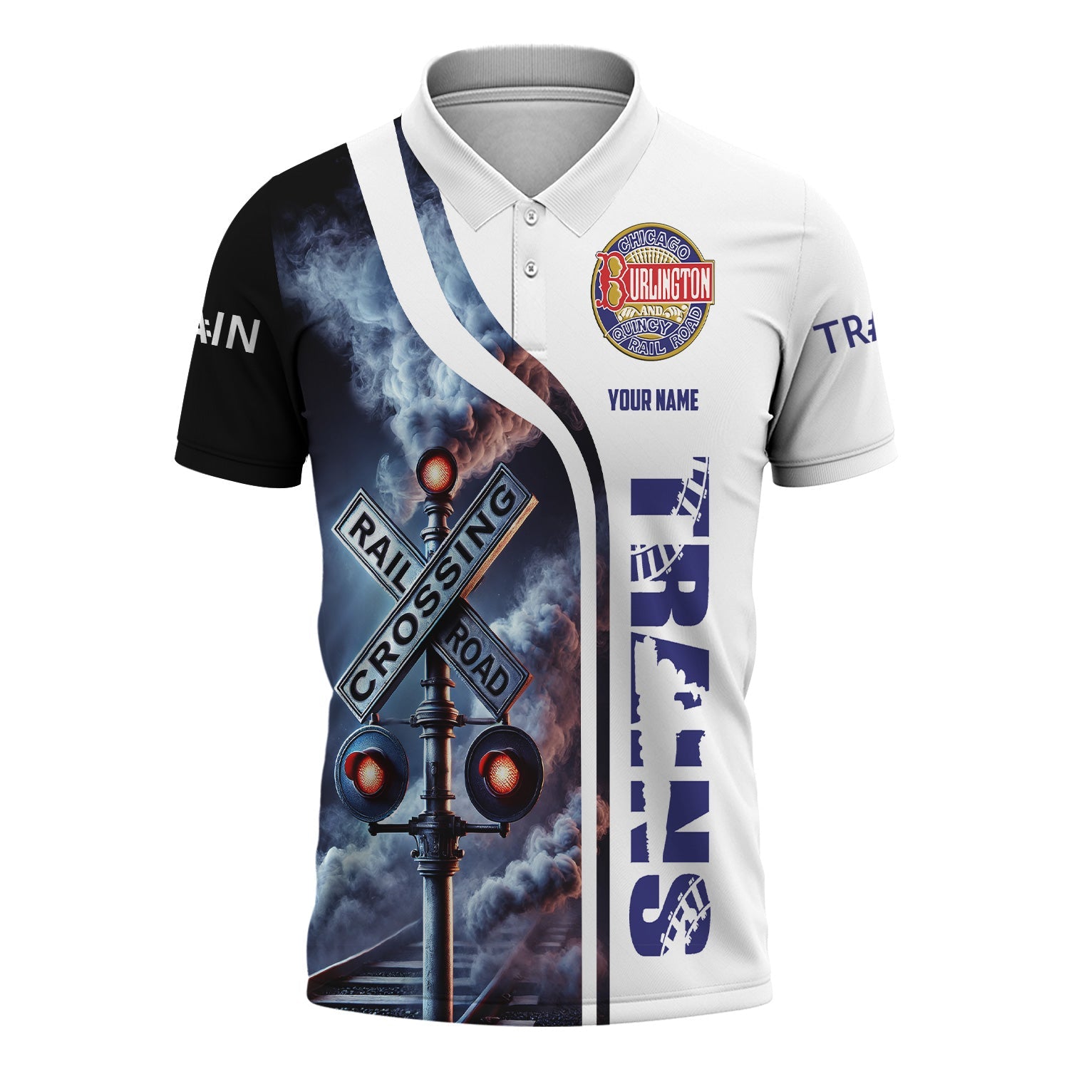 Railspirit Personalized Chicago, Burlington and Quincy Railroad Polo Shirt Crossing Railroad Sign American Locomotive Train Shirt All Over Print