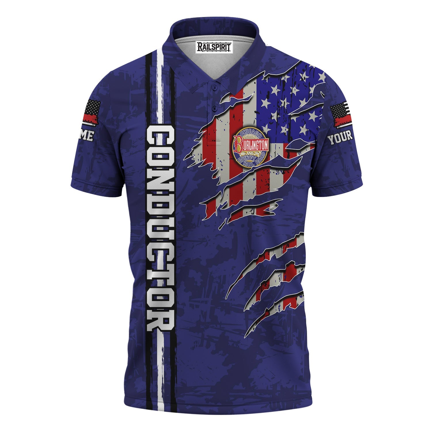 Railspirit Personalized Chicago, Burlington and Quincy Railroad Polo Shirt USA Flag Claw Art with Custom Job Train Shirt