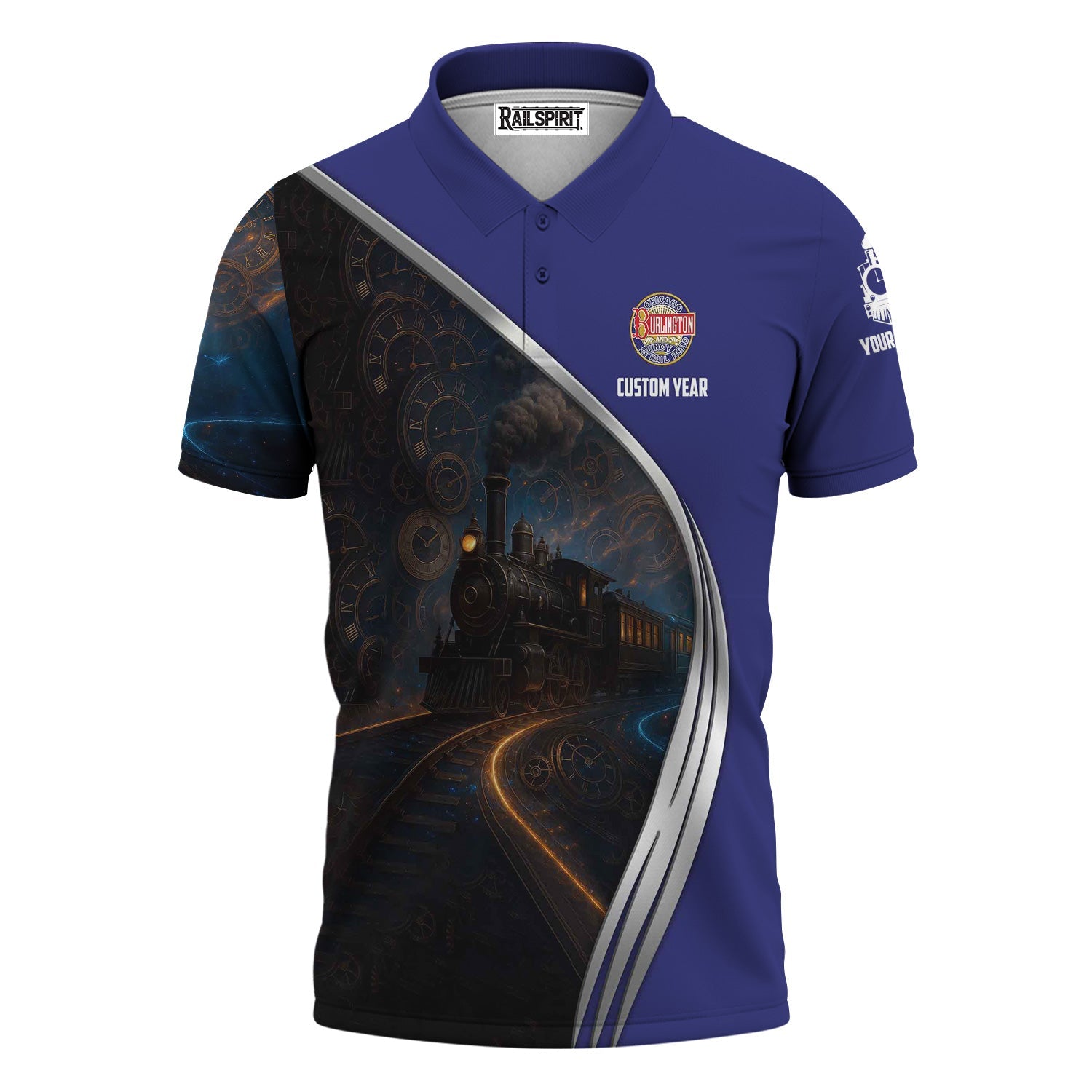 Railspirit Personalized Chicago, Burlington and Quincy Railroad Polo Shirt Steampunk Locomotive with Custom Year Train Shirt