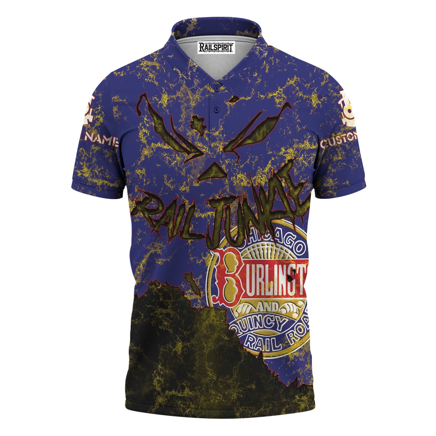 Railspirit Personalized Chicago, Burlington and Quincy Railroad Polo Shirt Torn Graphic Style Train Shirt For Rail Junkie