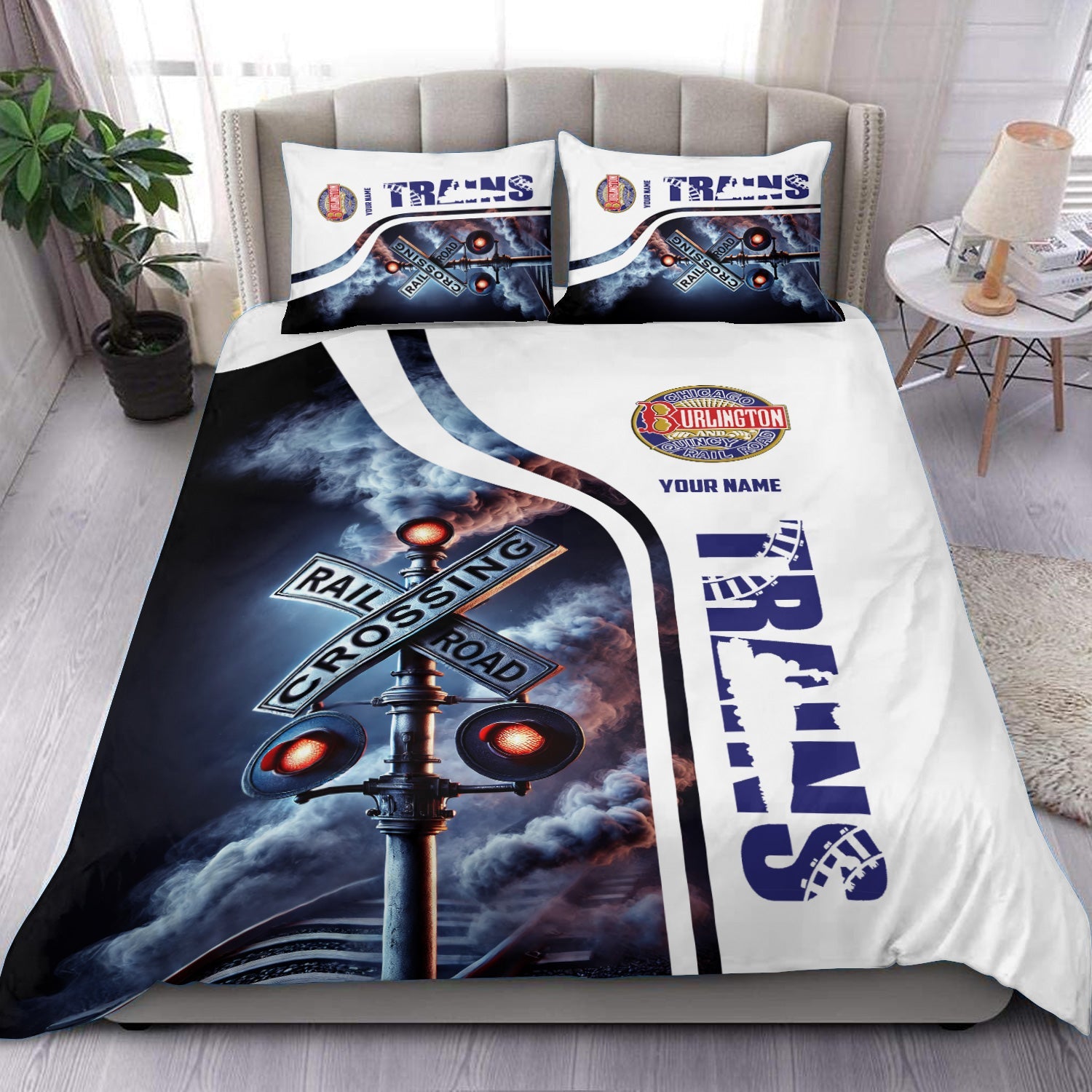 Railspirit Personalized Chicago, Burlington and Quincy Railroad Bedding Set Railroad Crossing Sign Bedding Set All Over Print