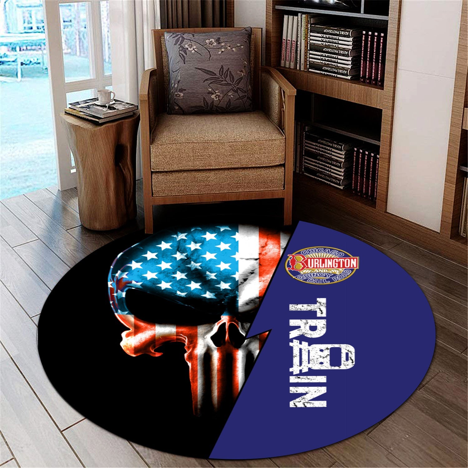 Railspirit Chicago, Burlington and Quincy Railroad Round Mat Train Skull American Flag Style Rug All Over Print