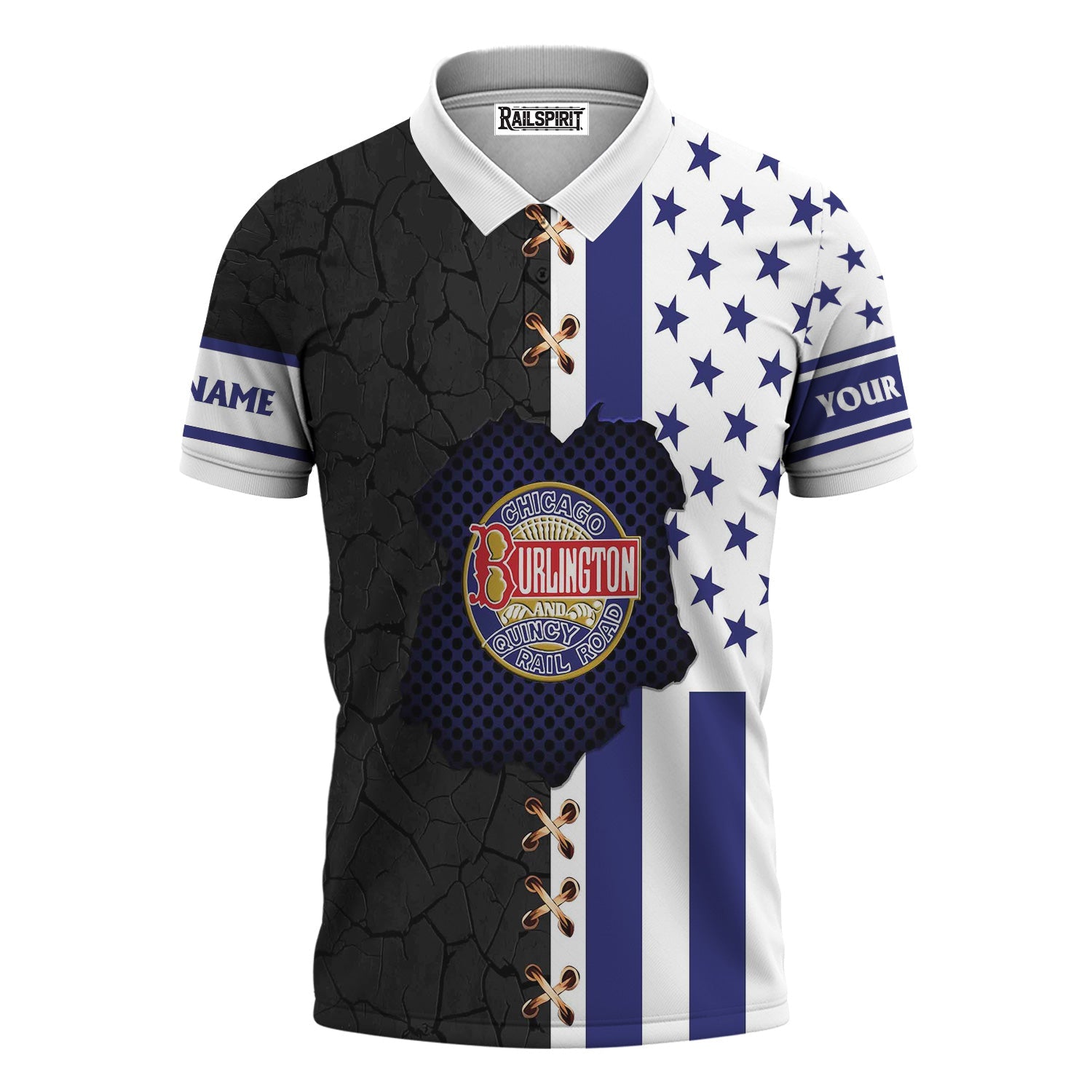 Railspirit Personalized Chicago, Burlington and Quincy Railroad Polo Shirt American Flag with Crack Effect Train Shirt