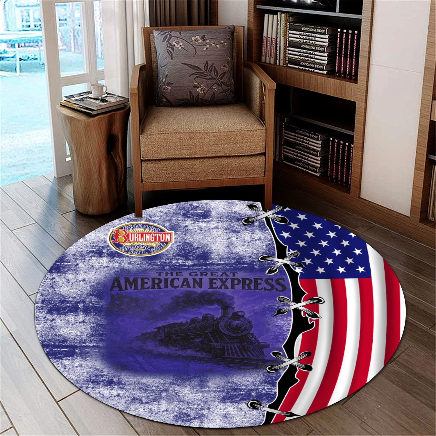 Railspirit Chicago, Burlington and Quincy Railroad Round Mat Retro American Express Train With USA Flag Round Mat